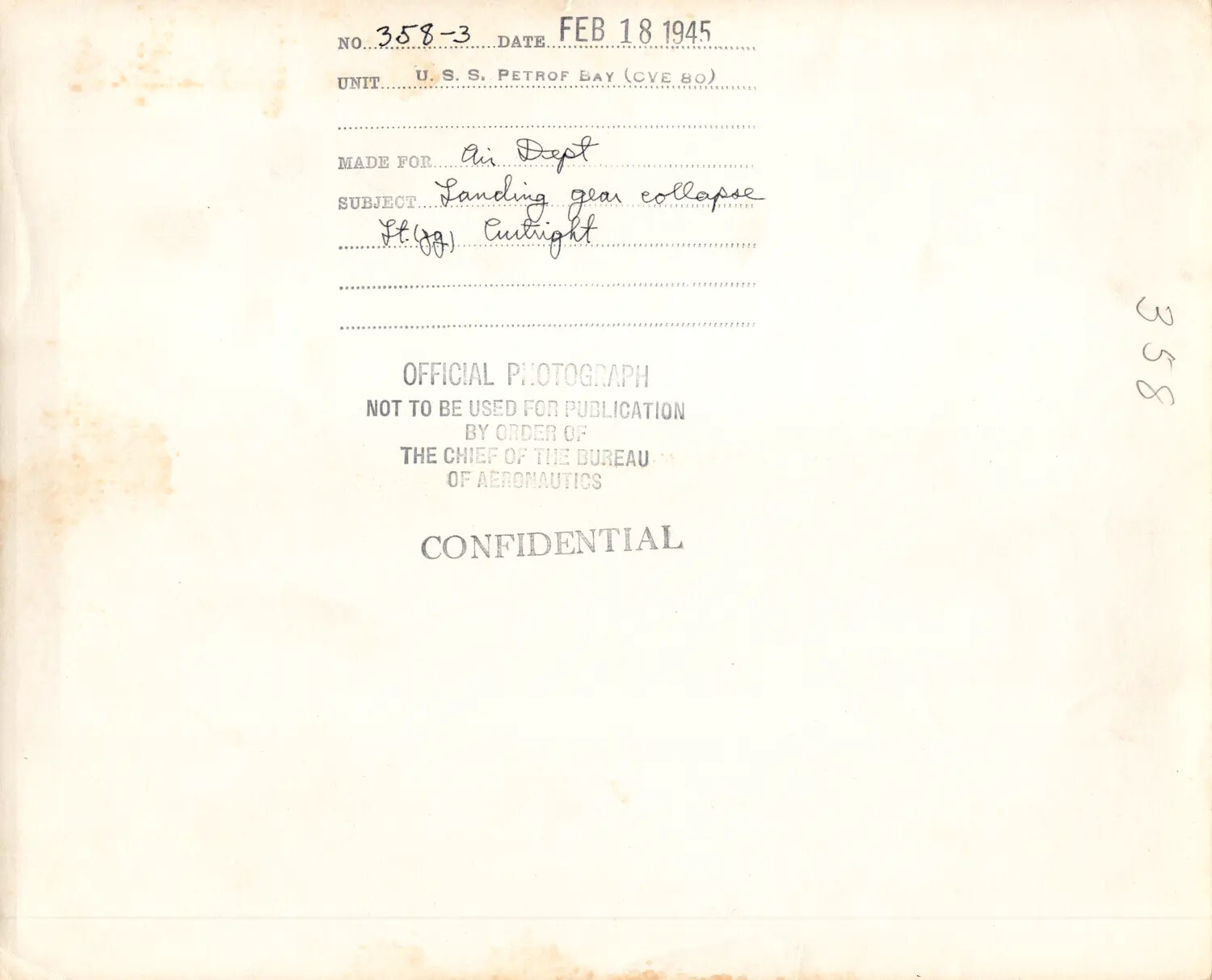 Caption Card, U.S.S. Petrof Bay (CVE-80), 18 February 1945 - Landing Gear Collapse, Lt(jg) Cutright