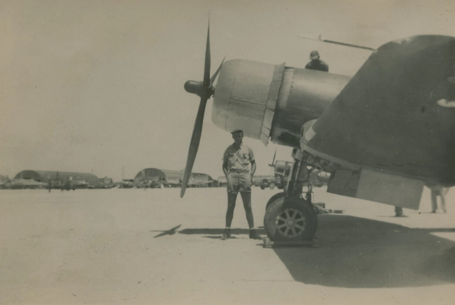 Ground Crewman Posed Beneath Fighter Aircraft Nose and Propeller, Pacific Airfield, WWII