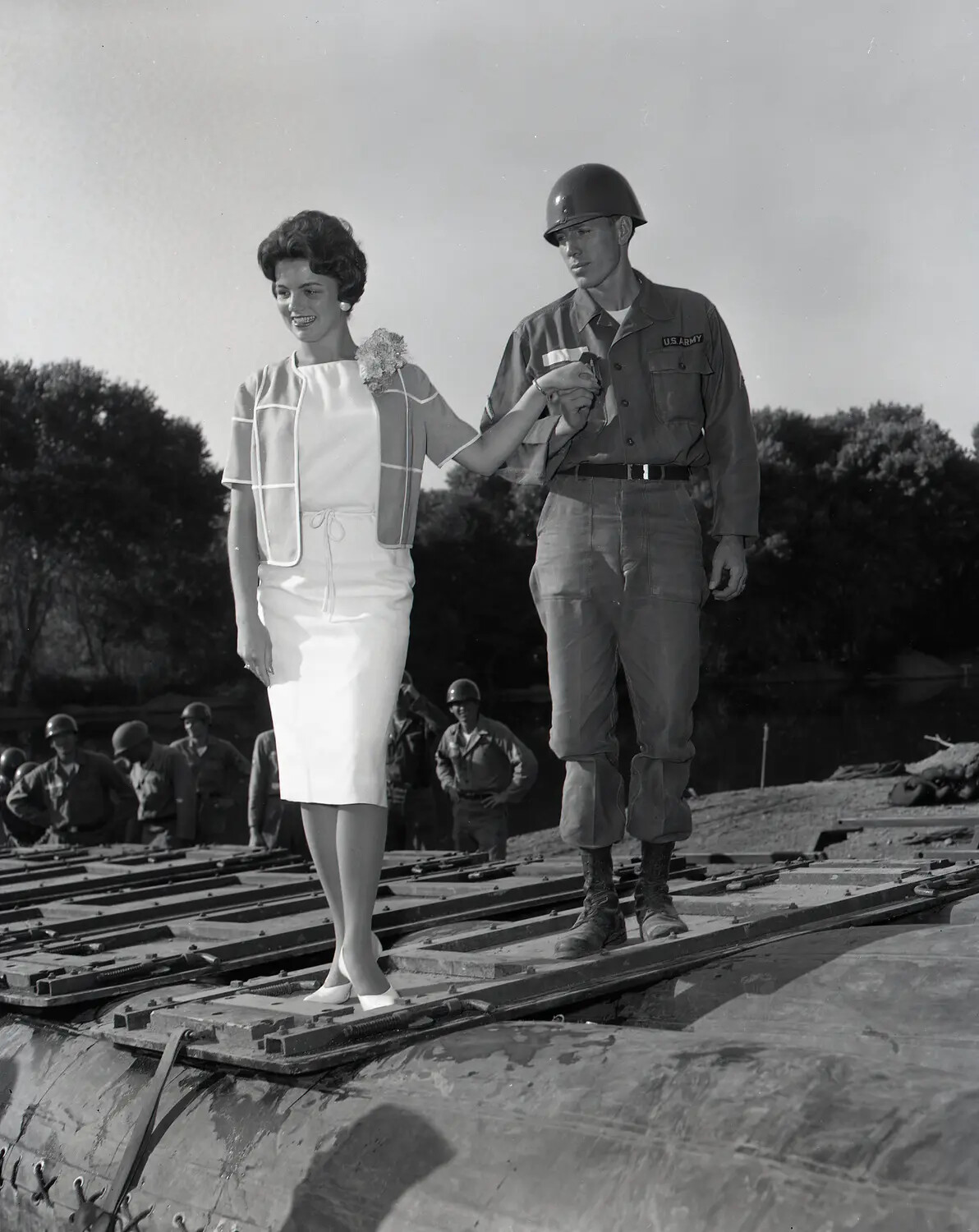 Miss California Crosses Military Floating Treadway Bridge, National Guard Summer Camp, July 1960
