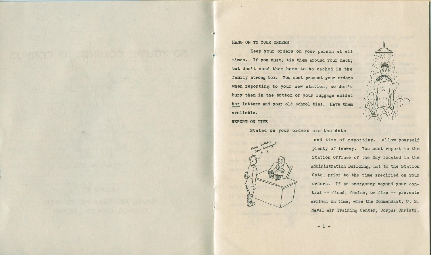 'So You're Coming to Corpus' Orientation Booklet, Page 1 -- Naval Air Training Center, Corpus Christi, Texas
