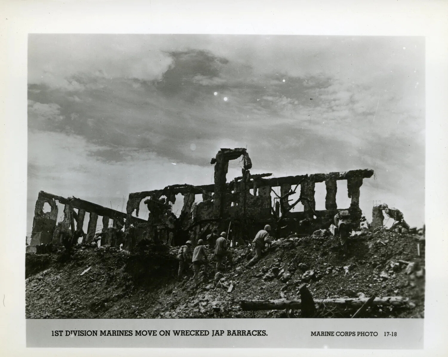 1st Marine Division Advances on Destroyed Japanese Barracks, Battle of Okinawa, 1945