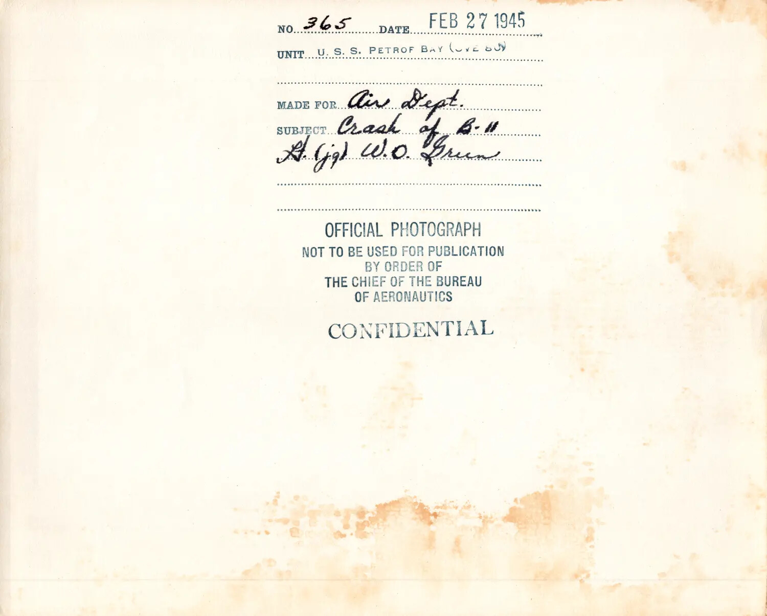 Caption Card, Official U.S. Navy Photograph No. 365, USS Petrof Bay (CVE-80), 27 February 1945 - Crash of Aircraft 'B-11'