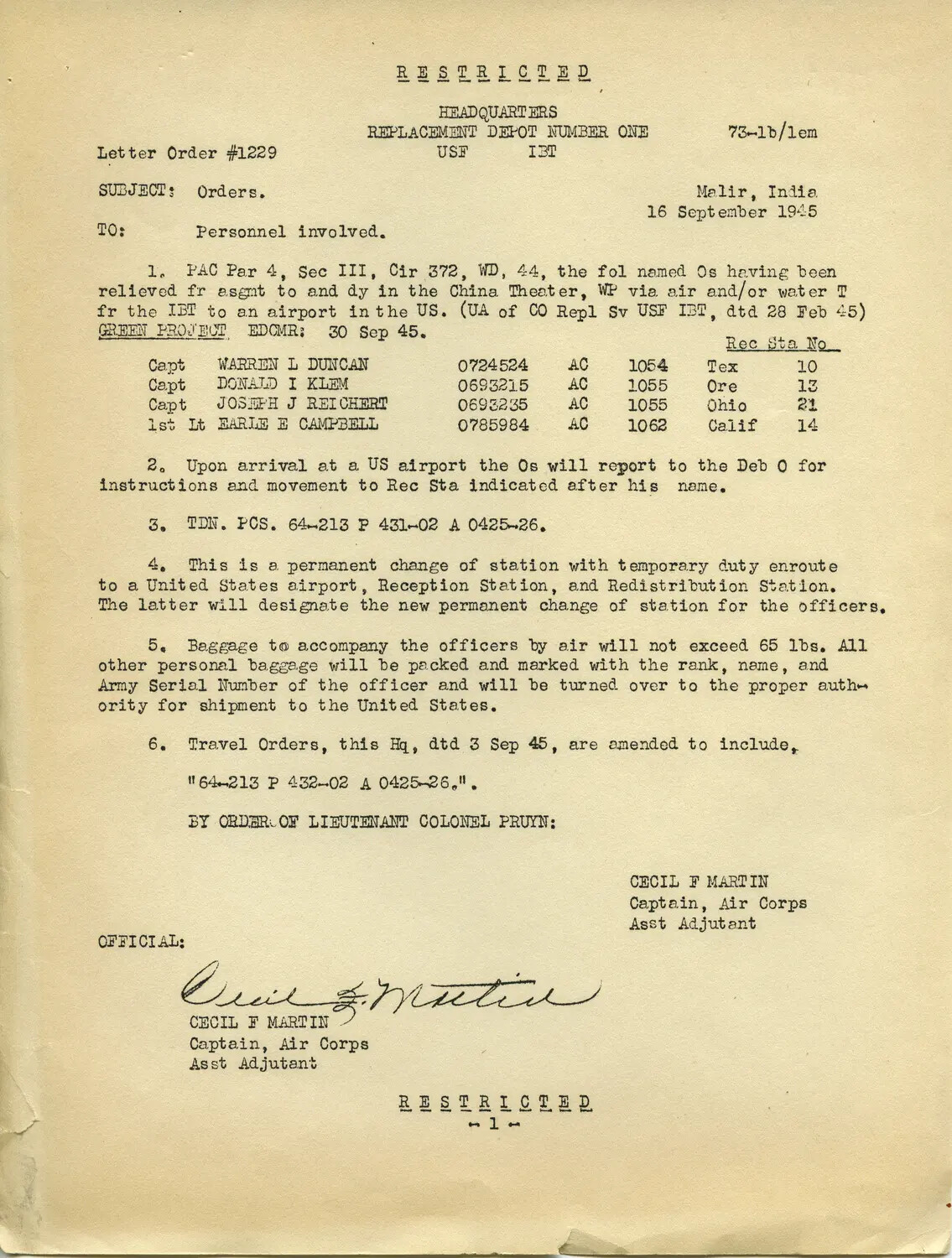 Letter Order #1229, Headquarters Replacement Depot Number One, USF IBT, Malir, India, 16 September 1945 (Green Project Redeployment Orders)