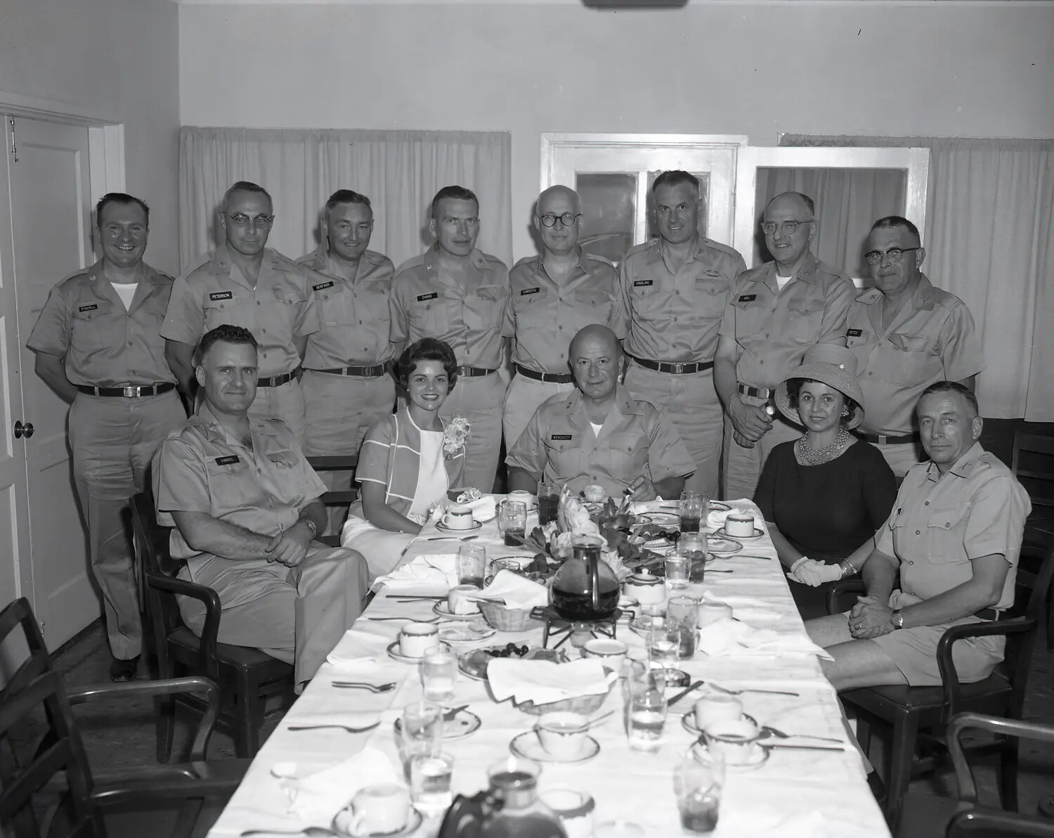 Group Portrait: Miss California 1960 Suzanne Marie Reamo with California National Guard Officers at Formal Dinner