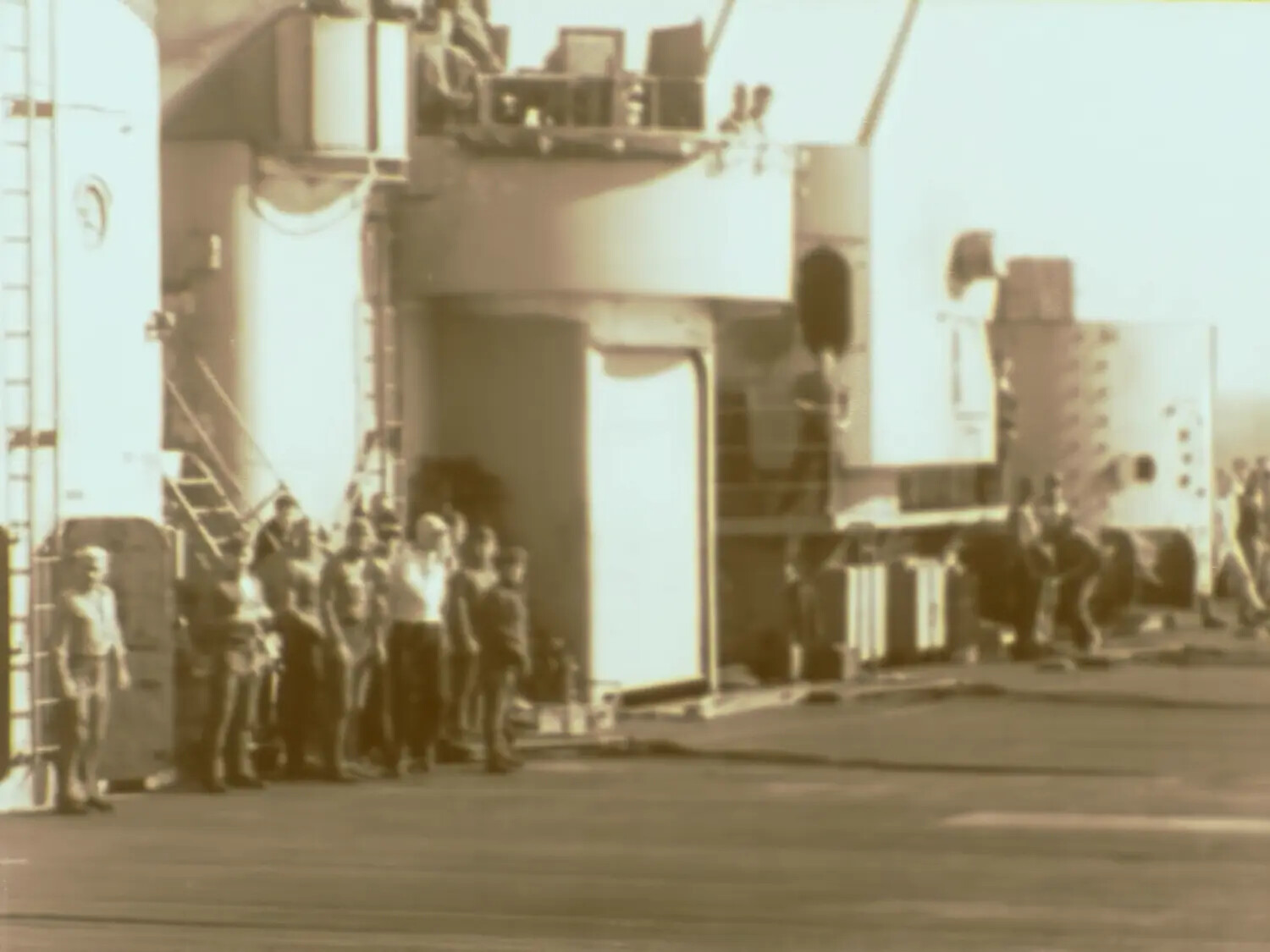 Sailors Gathered at Carrier Island Base, Pacific Theater, WWII (Original Film Still, Francis R. Ferry Collection)