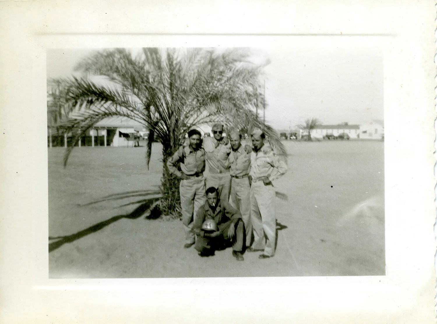Group Portrait of Five U.S. Airmen Beneath a Palm Tree, WWII Air Base