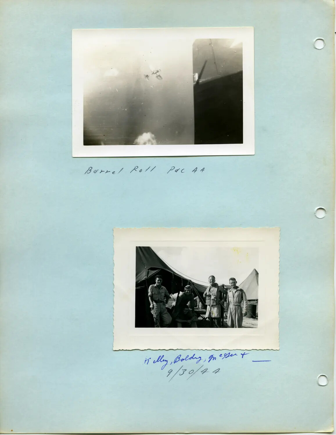 Scrapbook Page: 'Barrel Roll Pac AA' Aerial Combat Photo and Group Portrait Dated 9/30/44