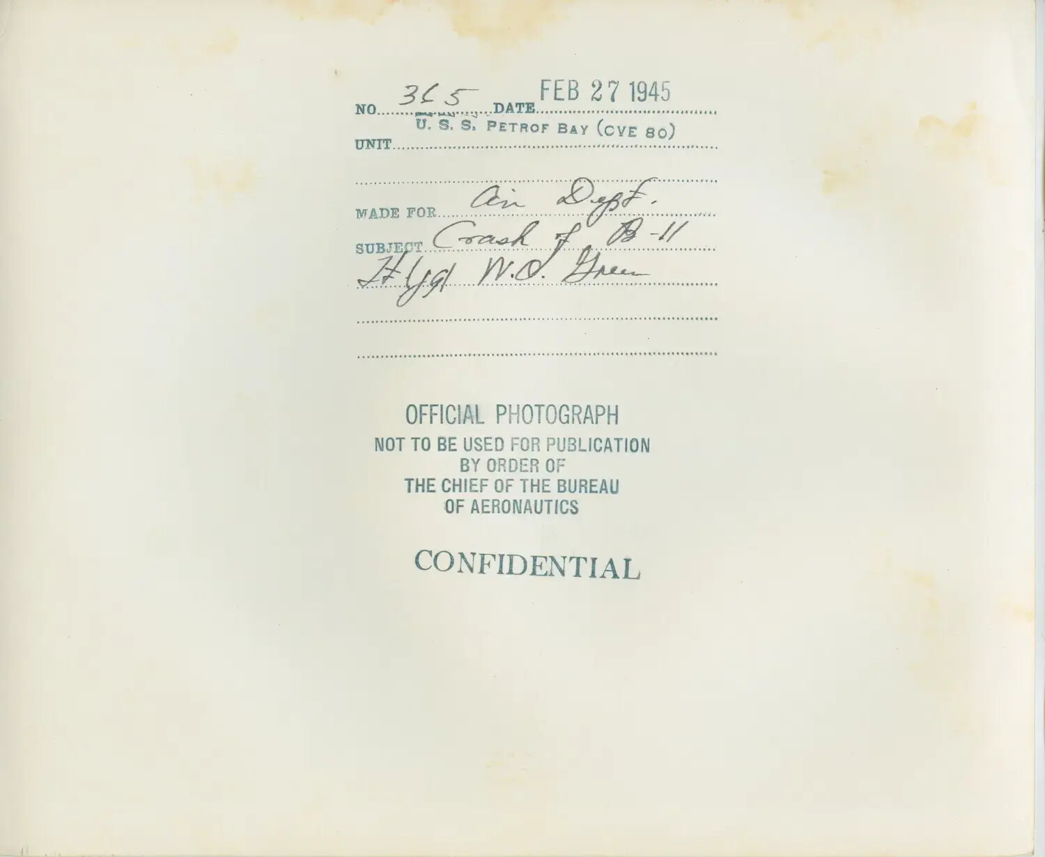 U.S. Navy Official Photograph Caption Card No. 365, USS Petrof Bay (CVE-80), 'Crash of B-11,' Feb. 27 1945 — Confidential