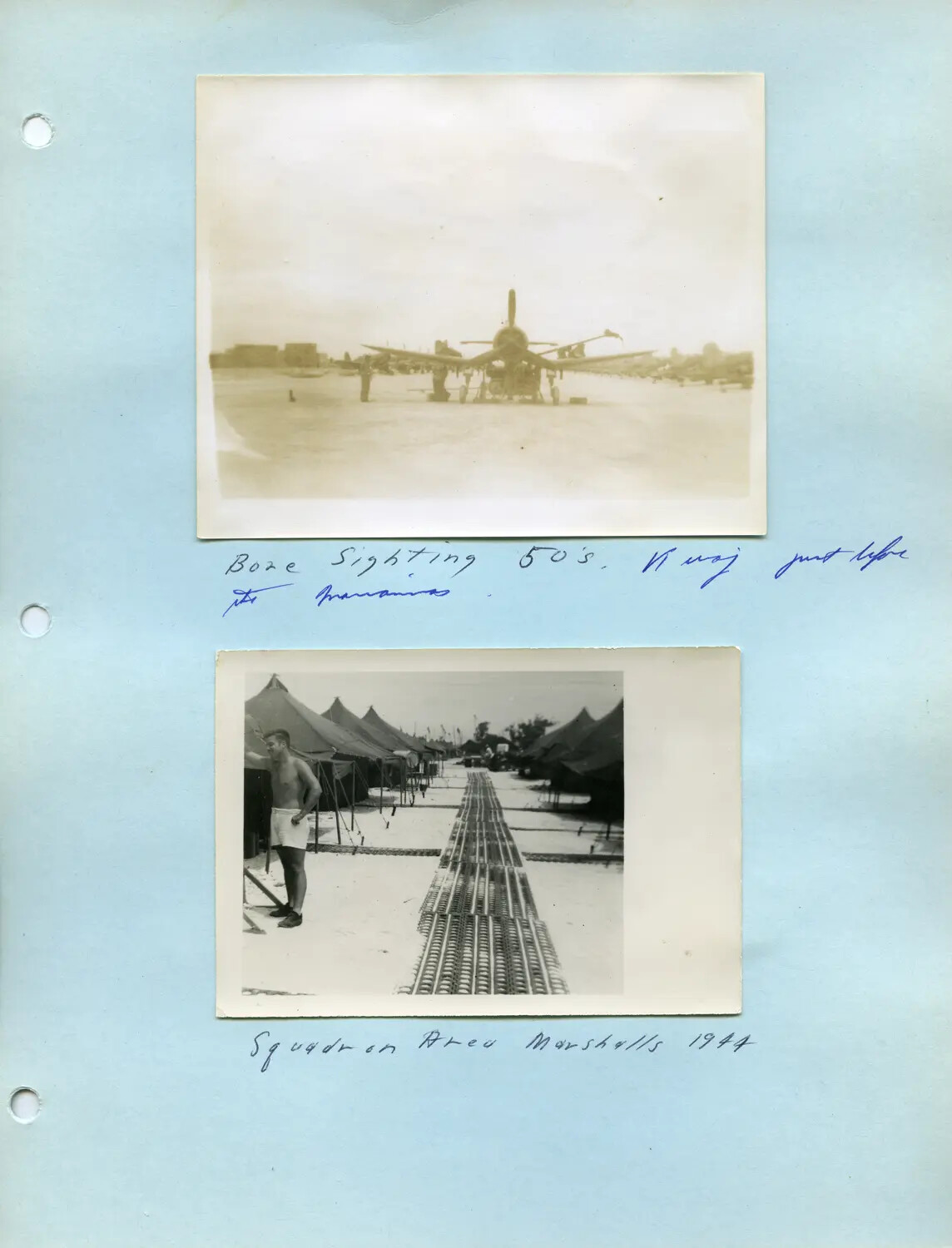 Album Page: Gun Boresighting at Kwajalein and Squadron Tent Camp, Marshall Islands, 1944