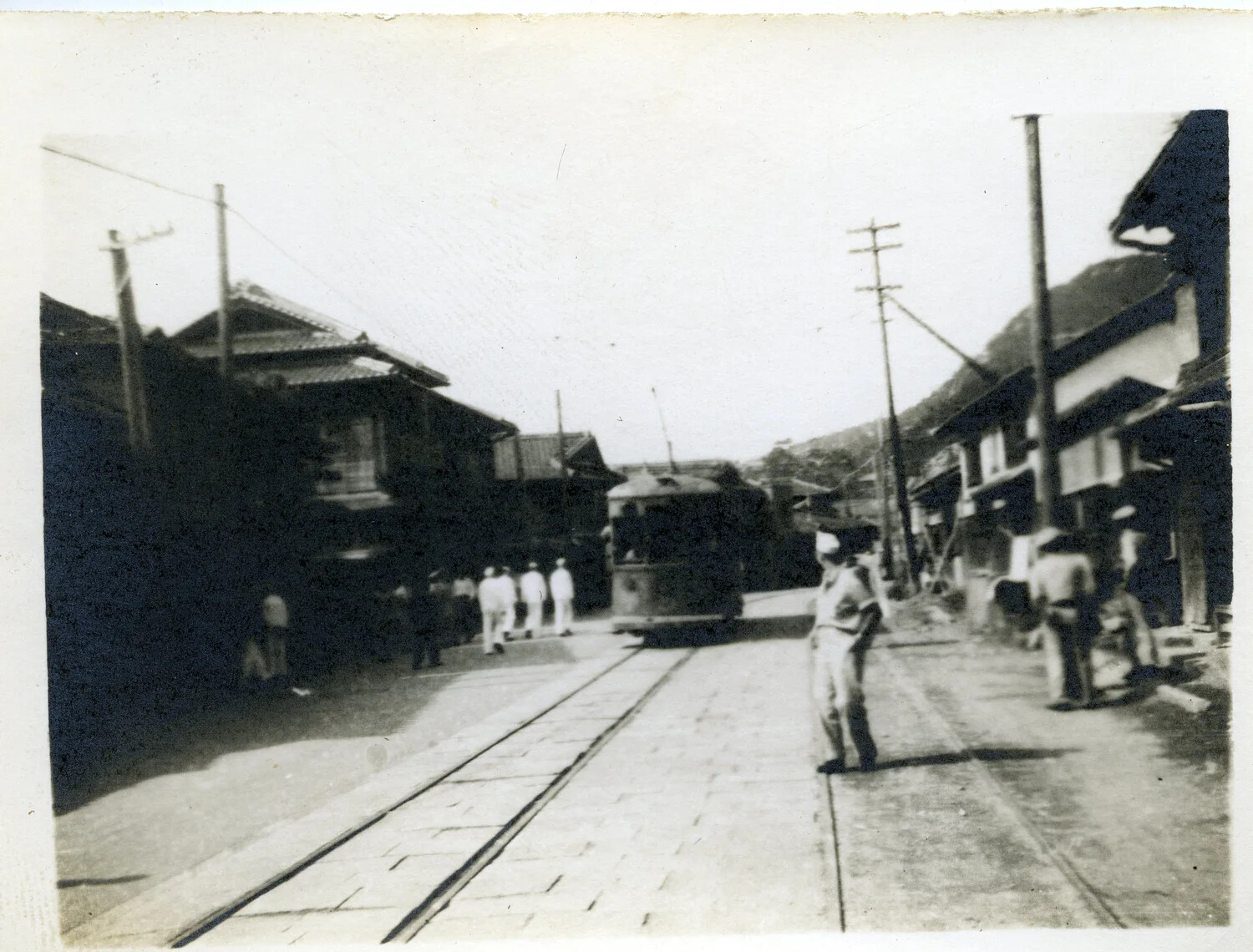 US Navy Sailors and Streetcar on Village Main Street, Occupied Japan, circa 1945-1946