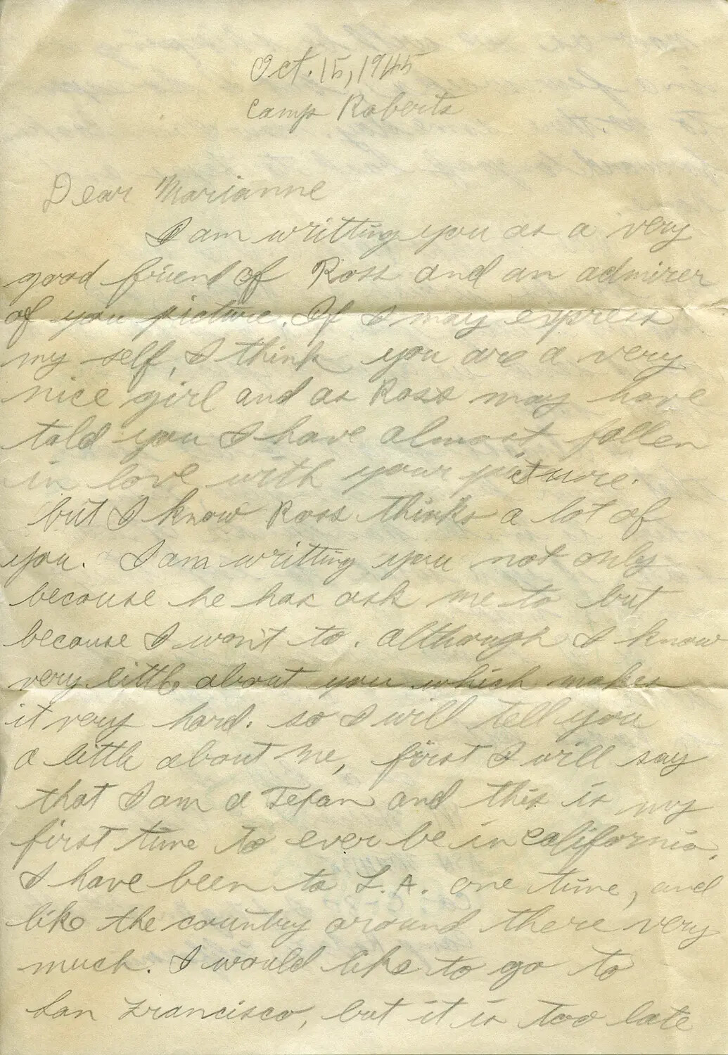 Handwritten Letter from Camp Roberts, California, Dated October 15, 1945