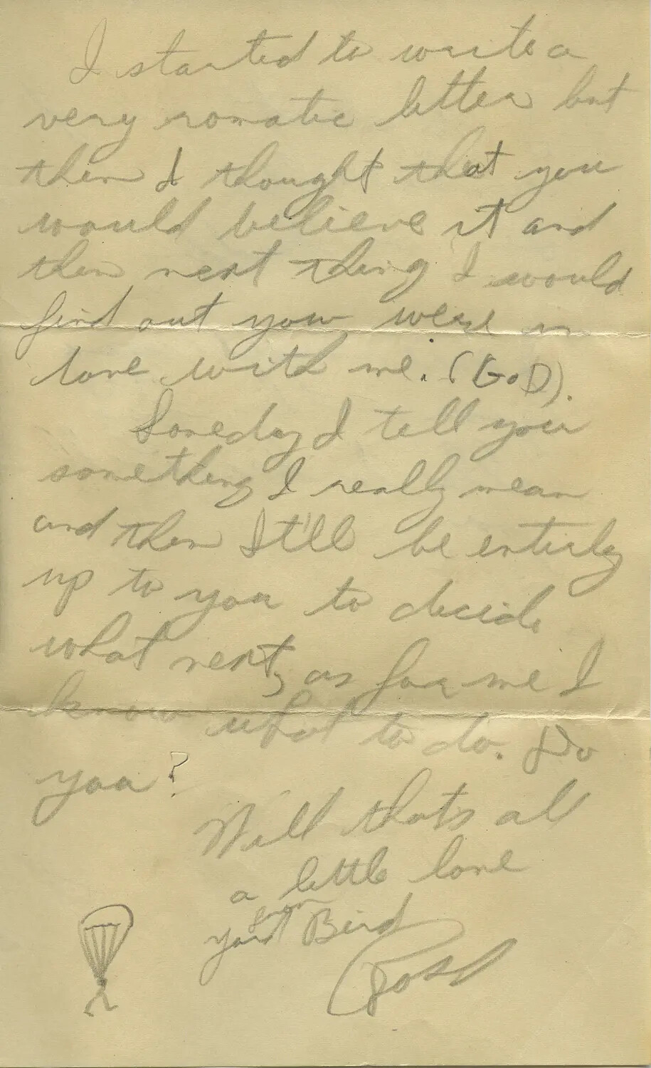 Handwritten Love Letter with Parachutist Sketch, WWII Era