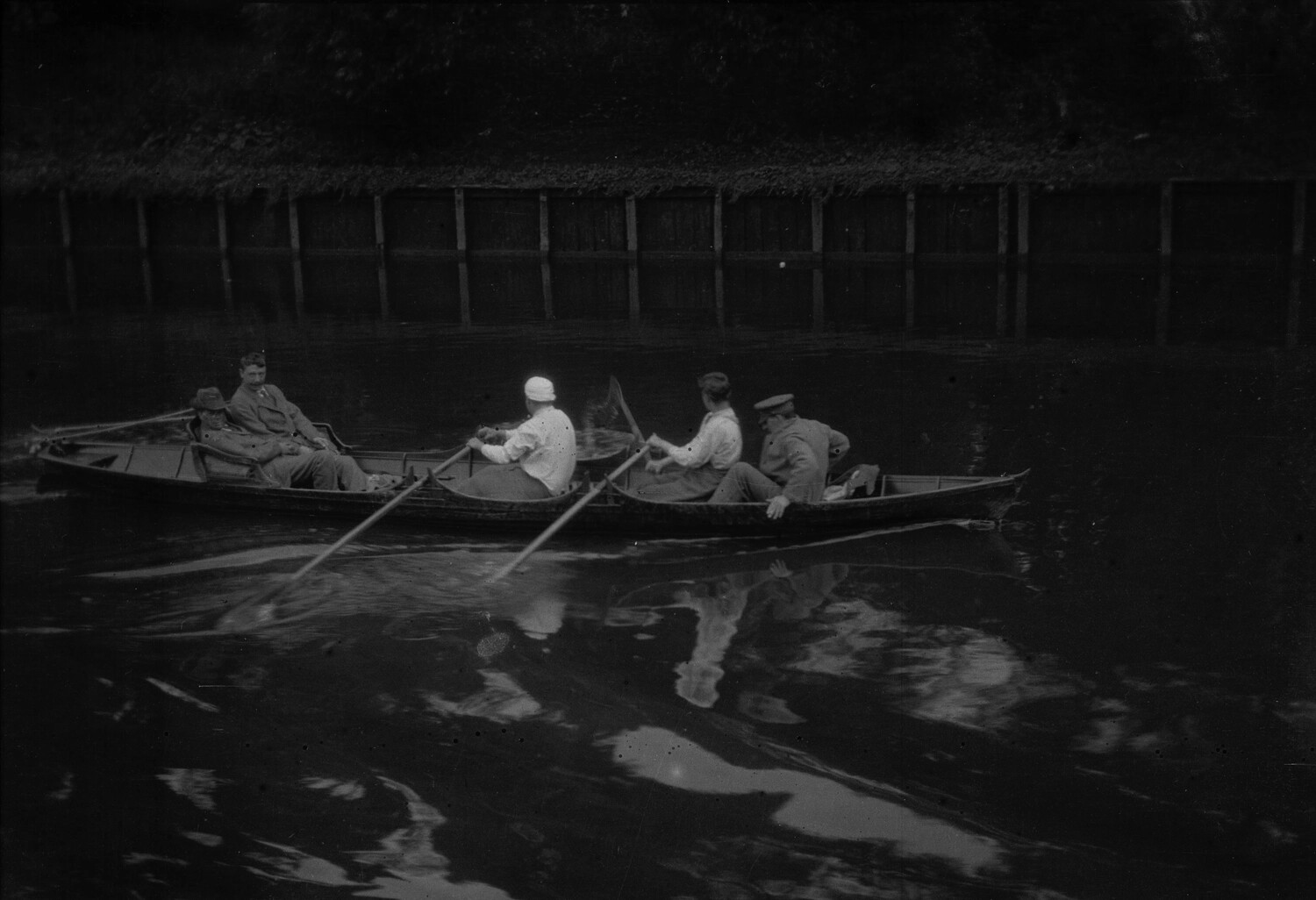 Soldiers Rowing a Skiff on a Moat or Canal, France, WWI Era (Scott Field–England Negatives)