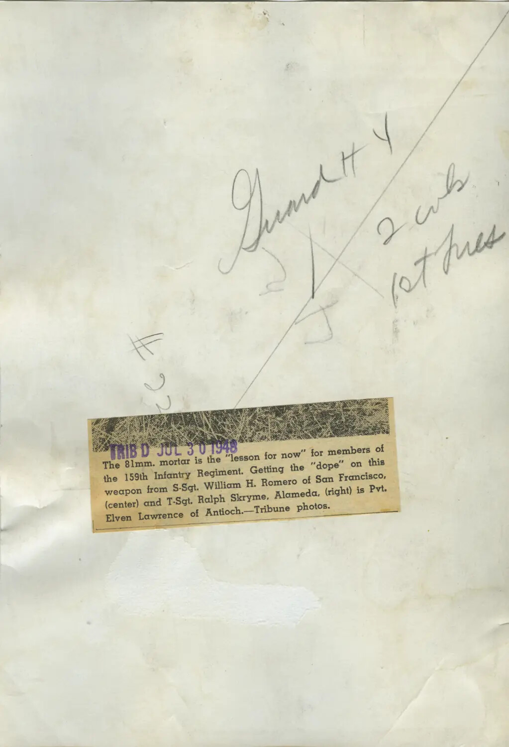 Verso of Press Photograph: 81mm Mortar Instruction Caption Naming S-Sgt. Romero, T-Sgt. Skryme, and Pvt. Lawrence, 159th Infantry Regiment, 1948