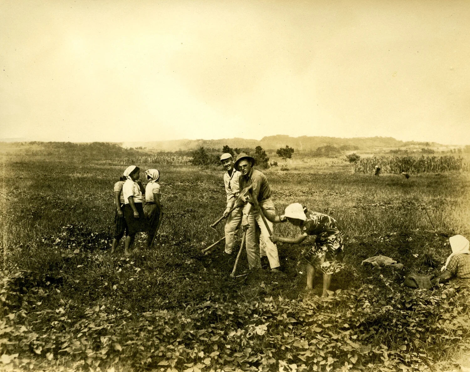 Servicemen and Local Civilians in a Field, Ie Shima Area, WWII Photo Album