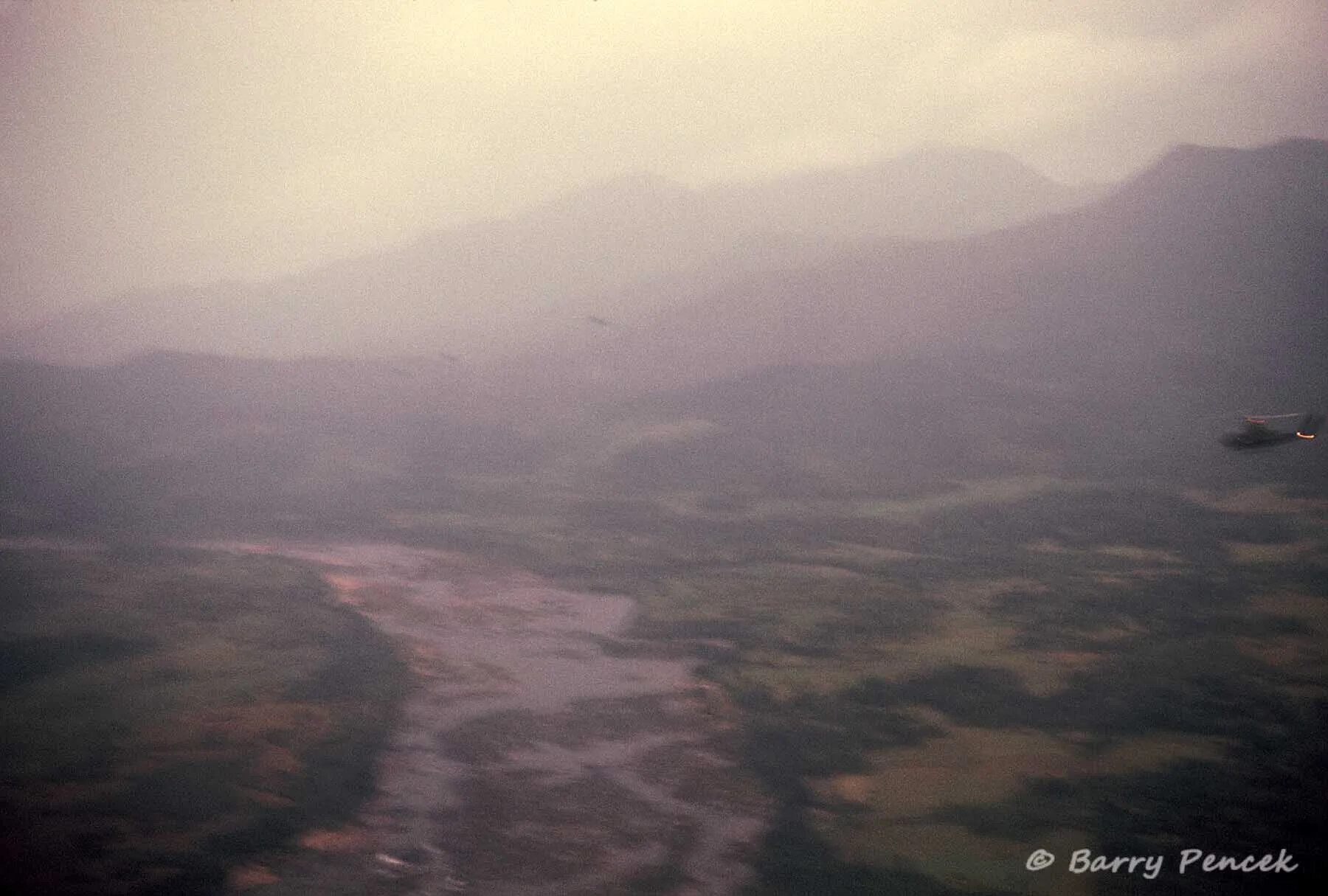 Aerial View of River Valley with Helicopter Formation, Vietnam/Laos Border Region