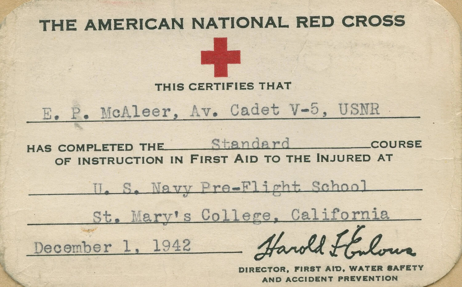American Red Cross First Aid Certificate, Aviation Cadet E. P. McAleer, USNR, December 1, 1942