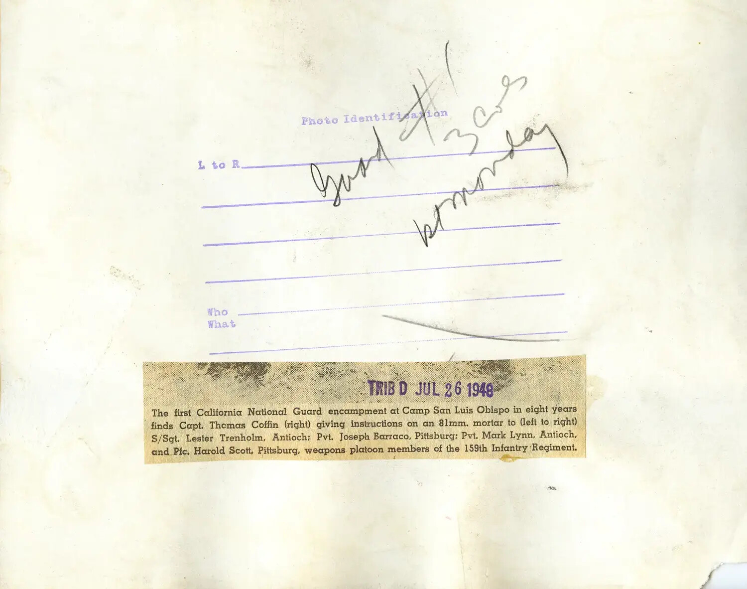 Verso of Press Photograph: 159th Infantry Regiment 81mm Mortar Training Caption, Camp San Luis Obispo, 1948