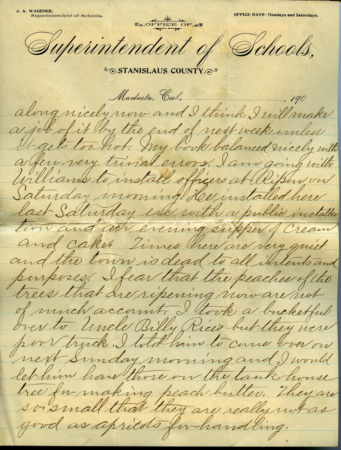 Letter from J.A. Wagener, Superintendent of Schools, Stanislaus County, to Family, Modesto, California, Dated July 19, 1900 (Page C)