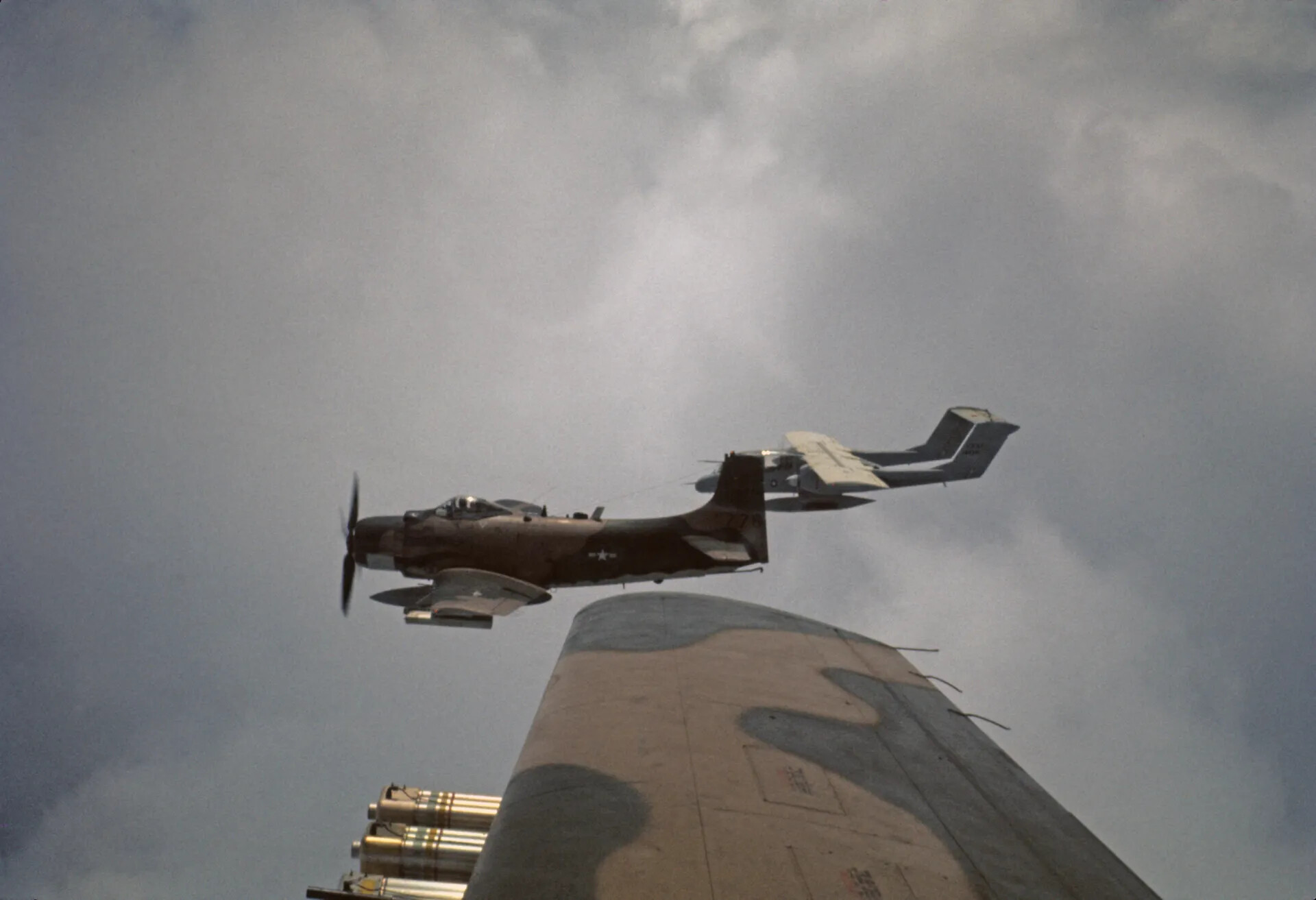 A-1 Skyraider and OV-10 Bronco FAC Aircraft in Formation, Air-to-Air View
