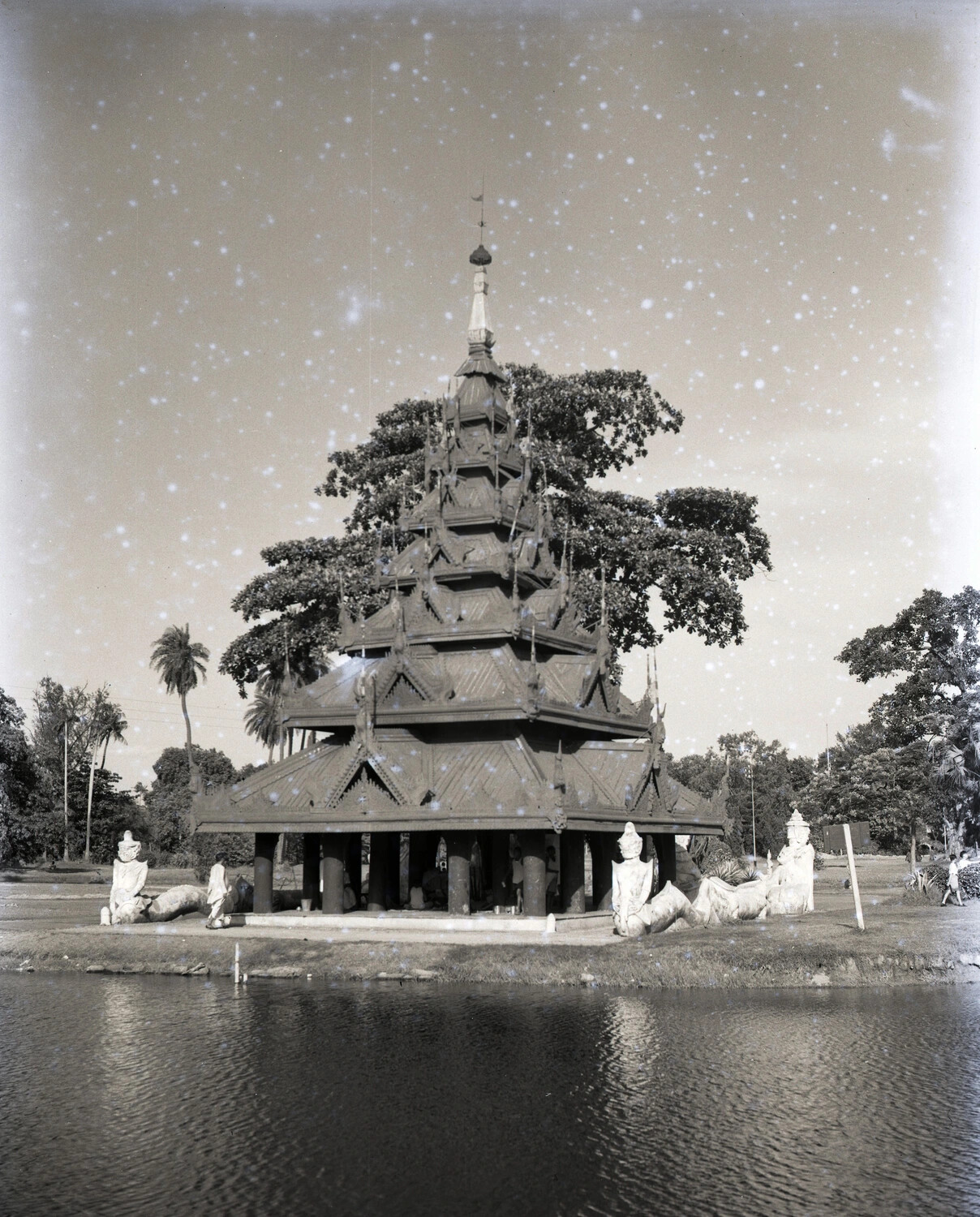 Multi-Tiered Burmese Pavilion Beside Moat, WWII China-Burma-India Theater Photograph