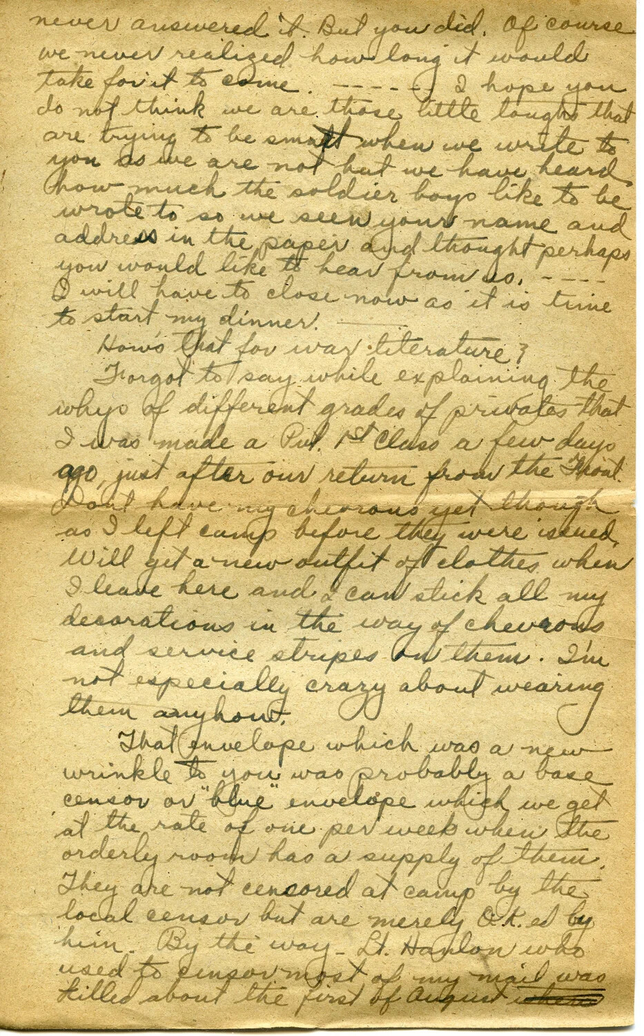 Handwritten Letter, Page G, from Pvt. Willis W. Wagener - WWI Correspondence, Letter 20