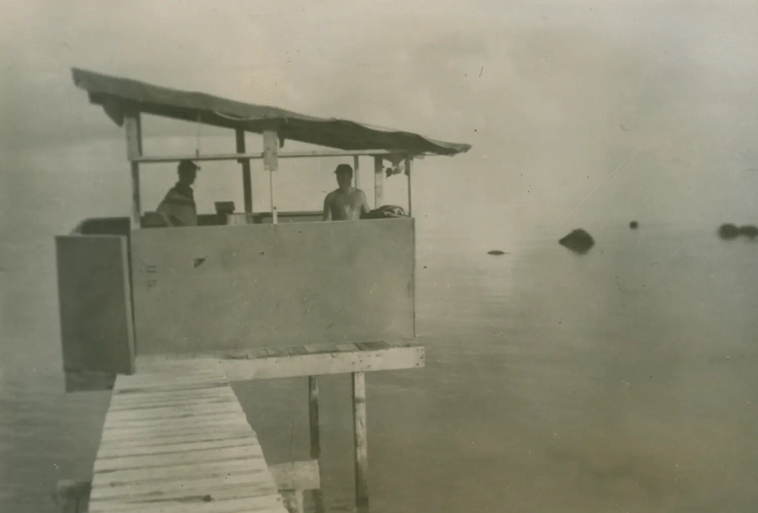 Wooden Lookout Tower on Pier with Two Servicemen, Waterfront Recreation Area