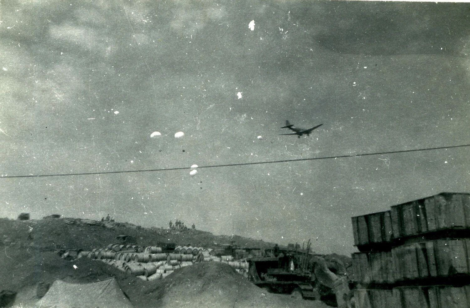 Aerial Supply Drop by Parachute over Iwo Jima, 5th Marine Division, WWII