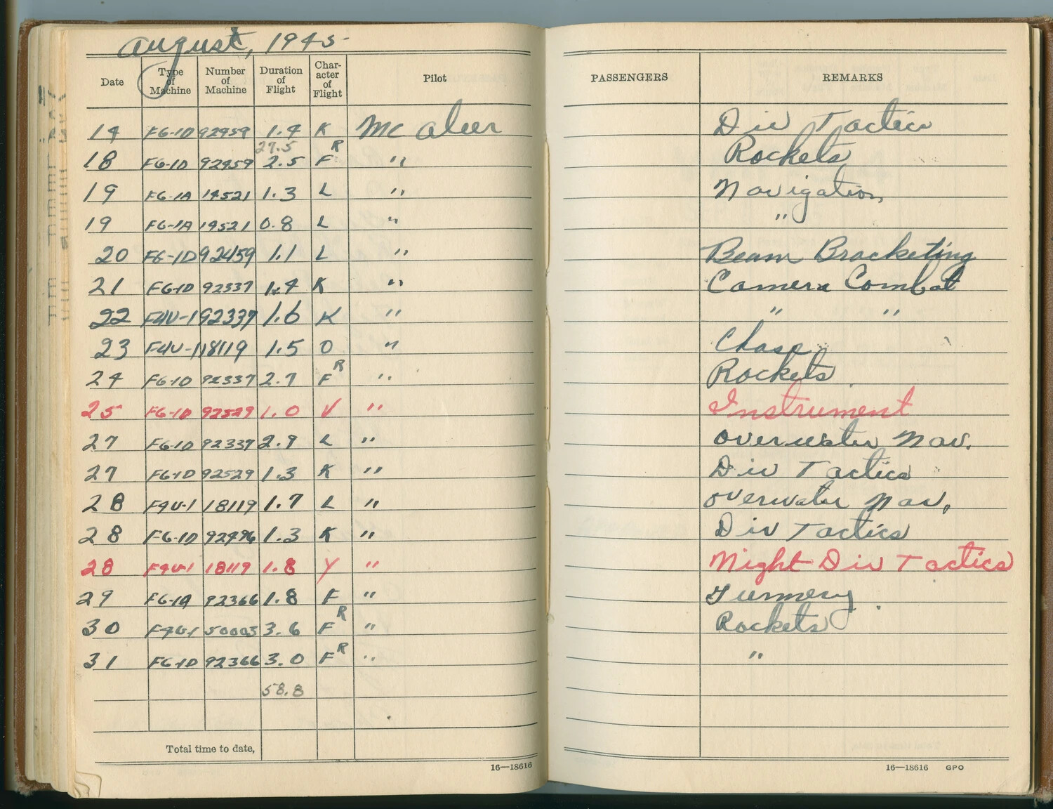 McAleer Flight Log Book, August 1945 - F6F Hellcat and F4U Corsair Sorties