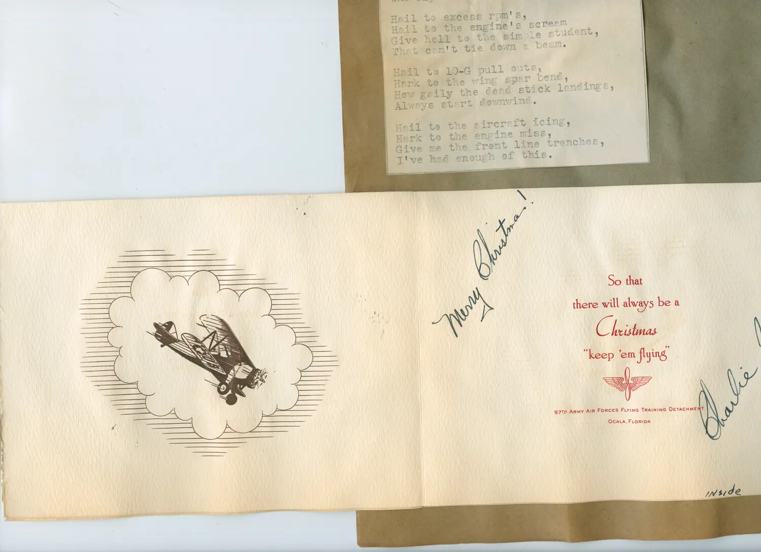 WWII Flight Training Satirical Poem and 57th AAF Flying Training Detachment Christmas Card