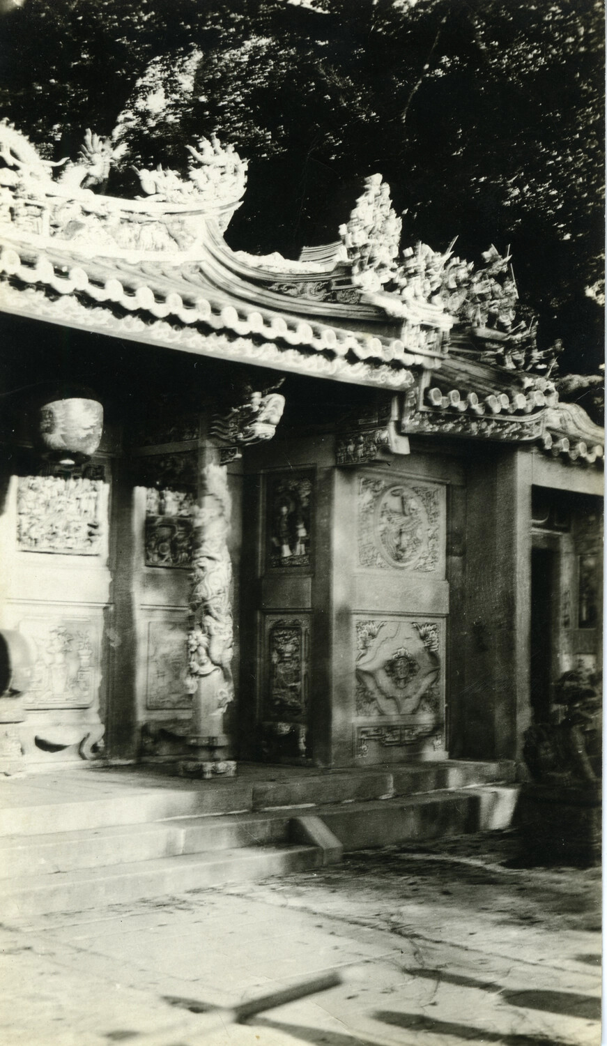 Temple Entrance with Carved Stone Reliefs and Dragon Roof Ridge, South China or Formosa, c. 1898-1900
