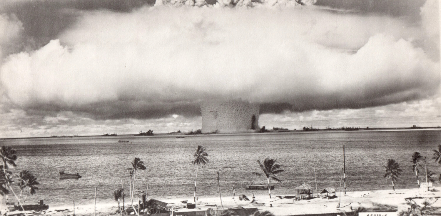 Nuclear Test Detonation Cloud Viewed from Palm-Lined Shoreline, Bikini Atoll (Resized)
