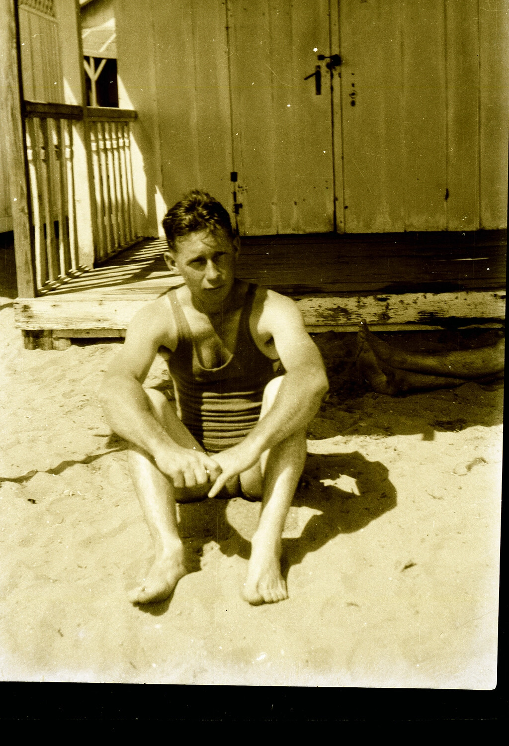 Young Man in Striped Bathing Suit on Beach, 1930s China/Pacific Album