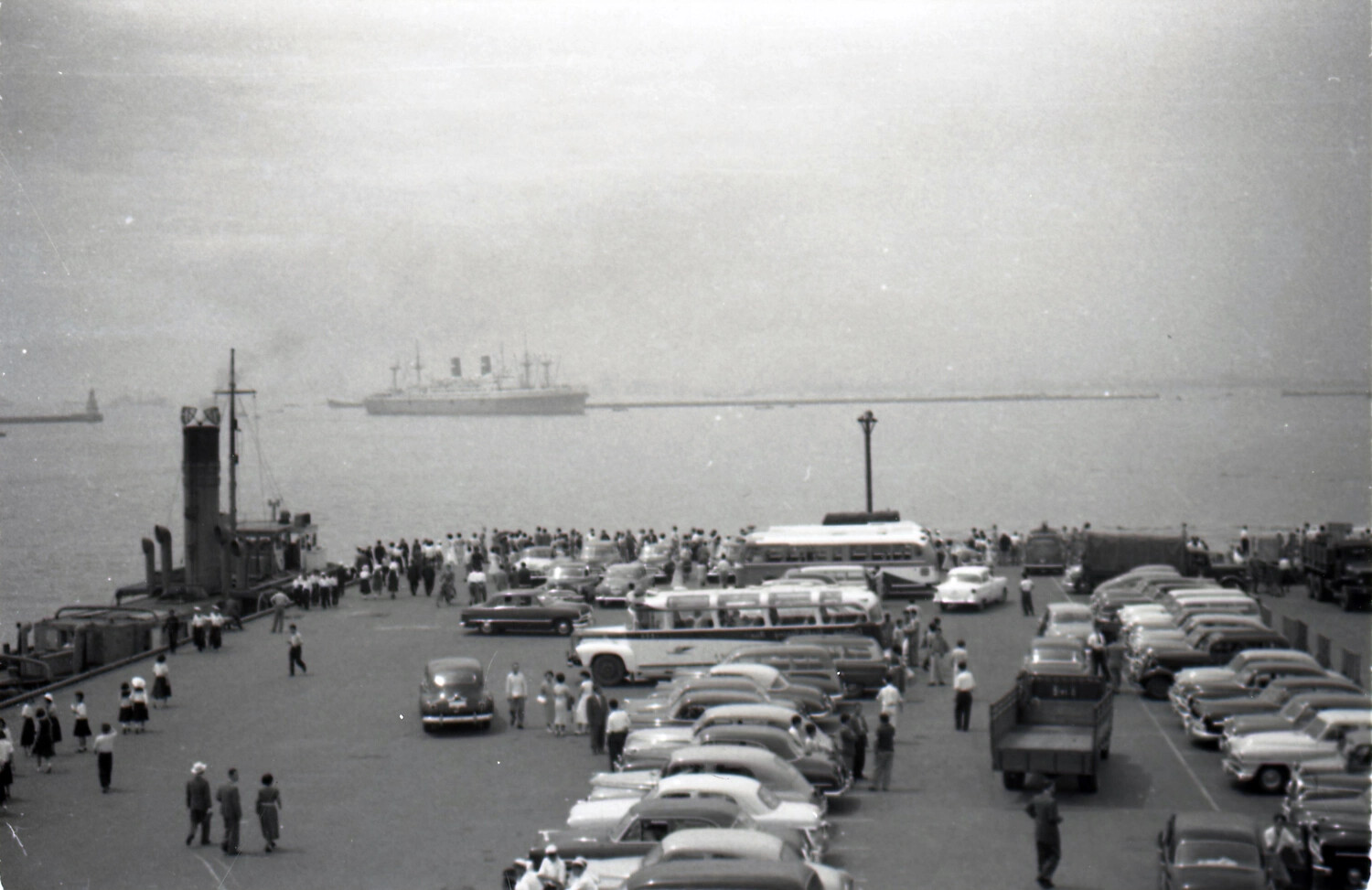 Elevated View of Pier and Parking Area, Yokohama Harbor, Japan, 1953