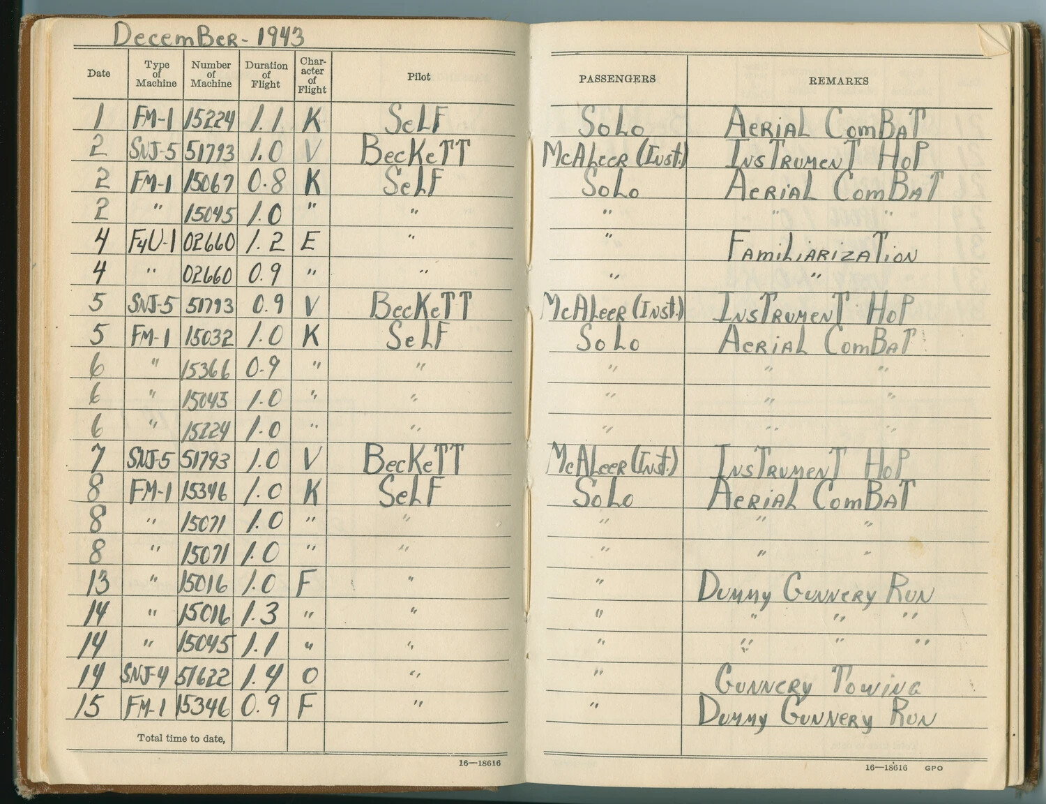 McAleer Flight Log Book Page, December 1943 - FM-1 Wildcat and F4U-1 Corsair Training