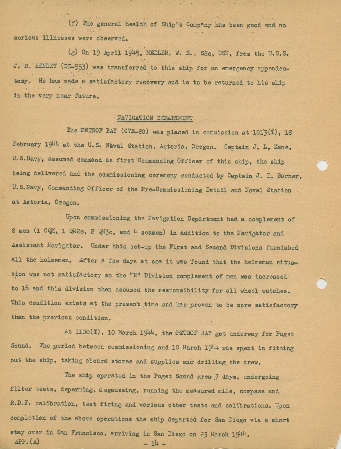 USS Petrof Bay (CVE-80) Ship's History, Appendix (A), Page 14 - Medical Notes, Commissioning, and Navigation Department Origins