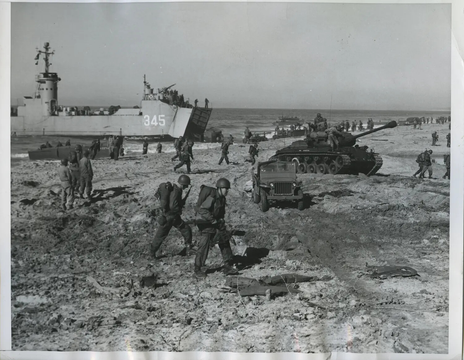 U.S. Amphibious Beach Landing with LST-345, Tanks, and Infantry, Korean War Era
