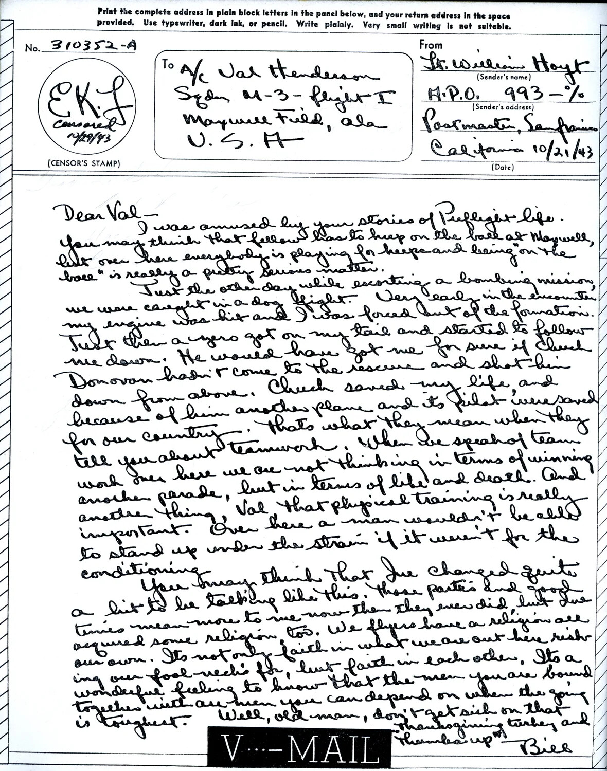 V-Mail Letter from Lt. William Hoyt to Aviation Cadet Val Henderson, October 21, 1943