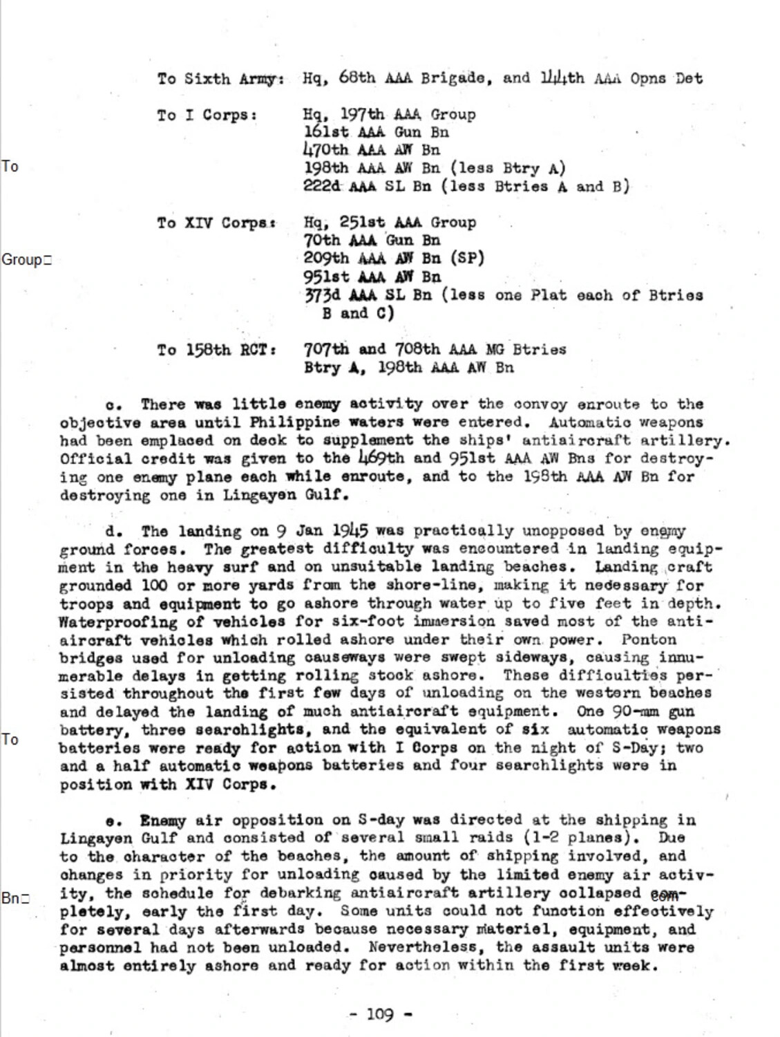Unit History Document, Antiaircraft Artillery Task Organization for Lingayen Landing, WWII