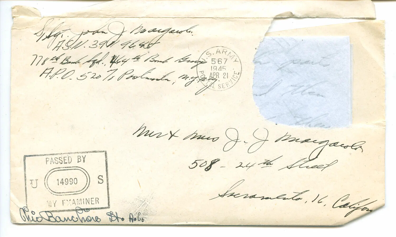 WWII Censored Airmail Envelope, S/Sgt. John J. Margaroli, 778th Bomb Squadron, 464th Bomb Group, April 1945
