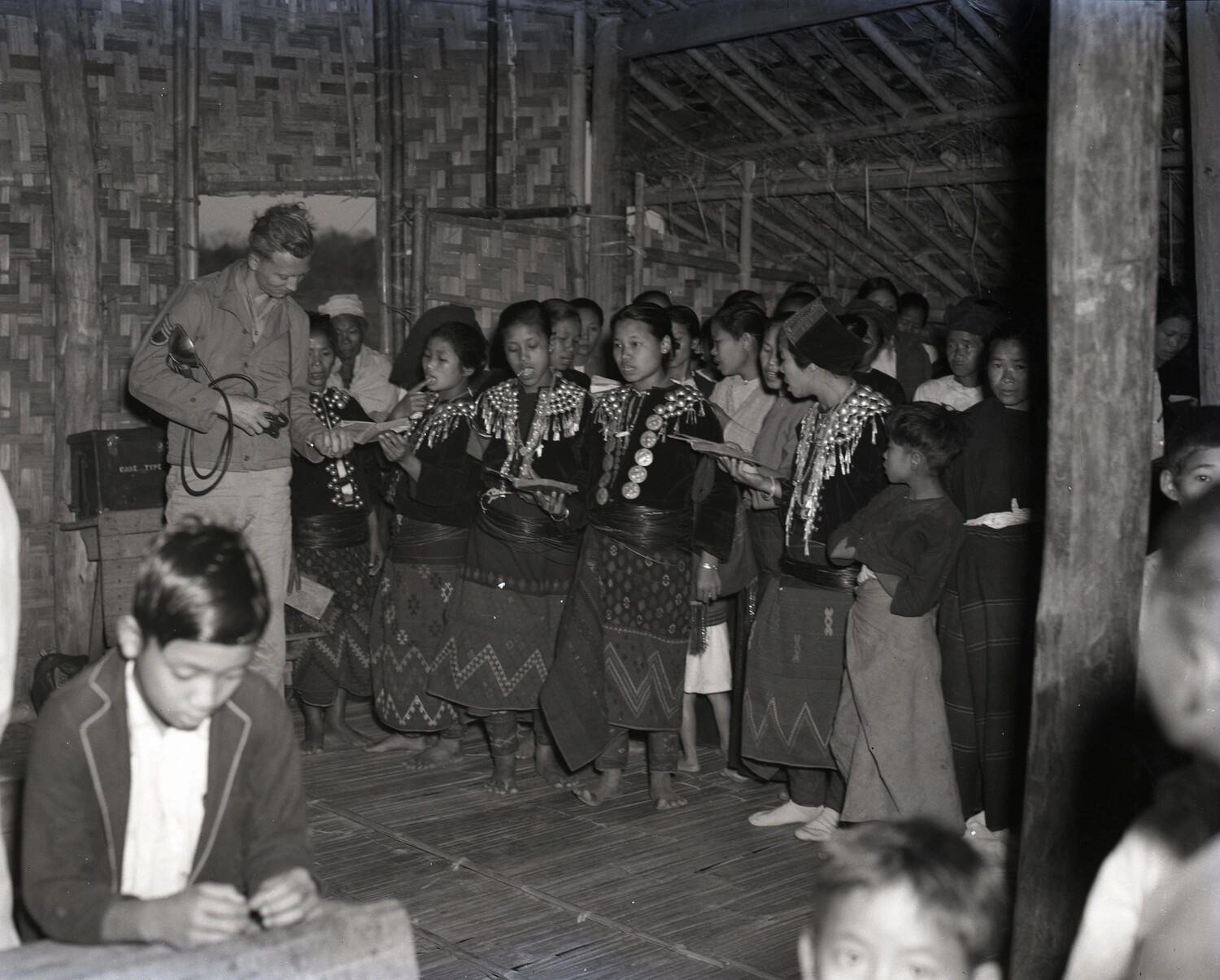 Karen Church Service with American Serviceman Recording Hymn Singing, Burma, WWII China-Burma-India Theater