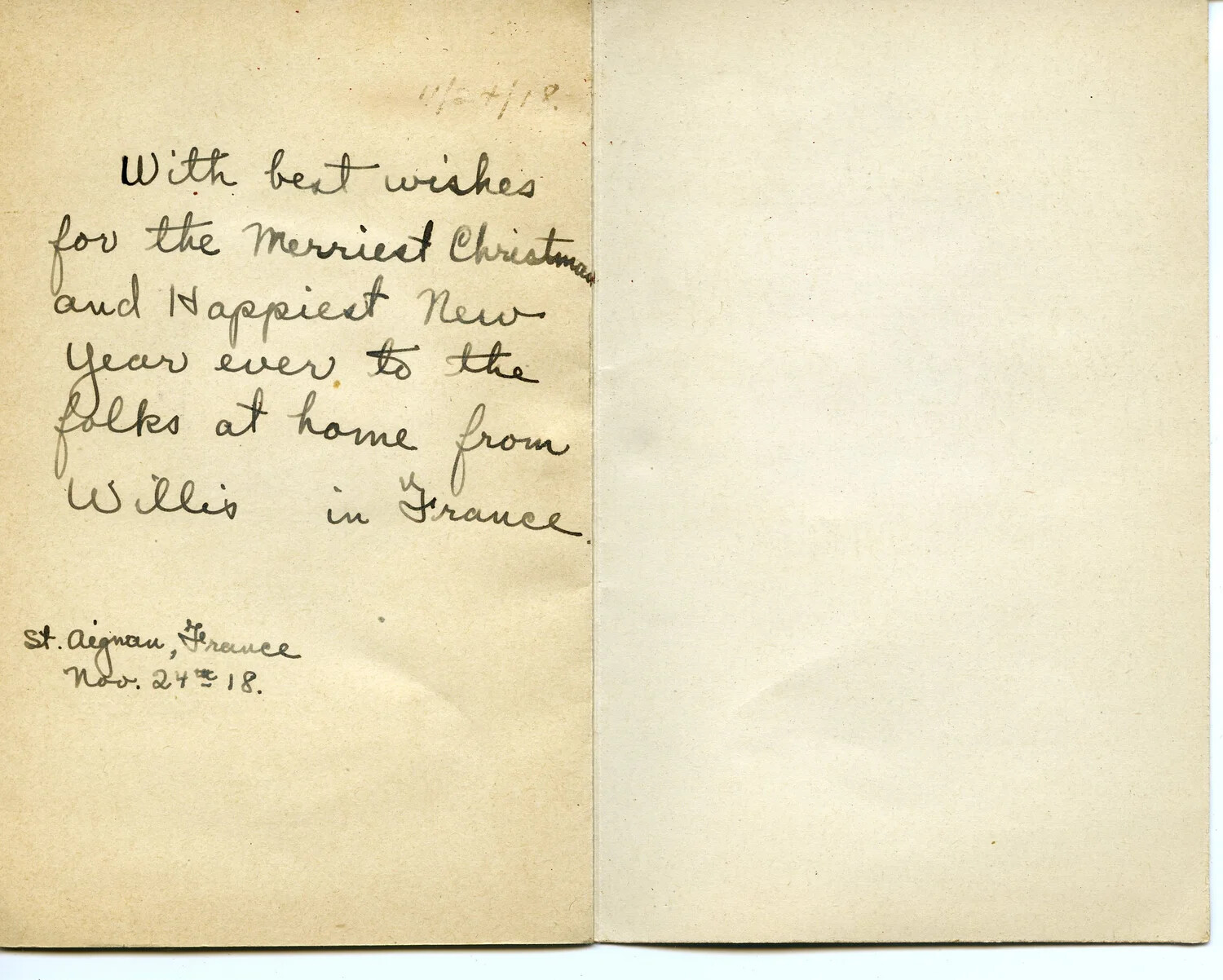 Handwritten Christmas Greeting from Pvt. Willis W. Wagener, St. Aignan, France, November 24, 1918