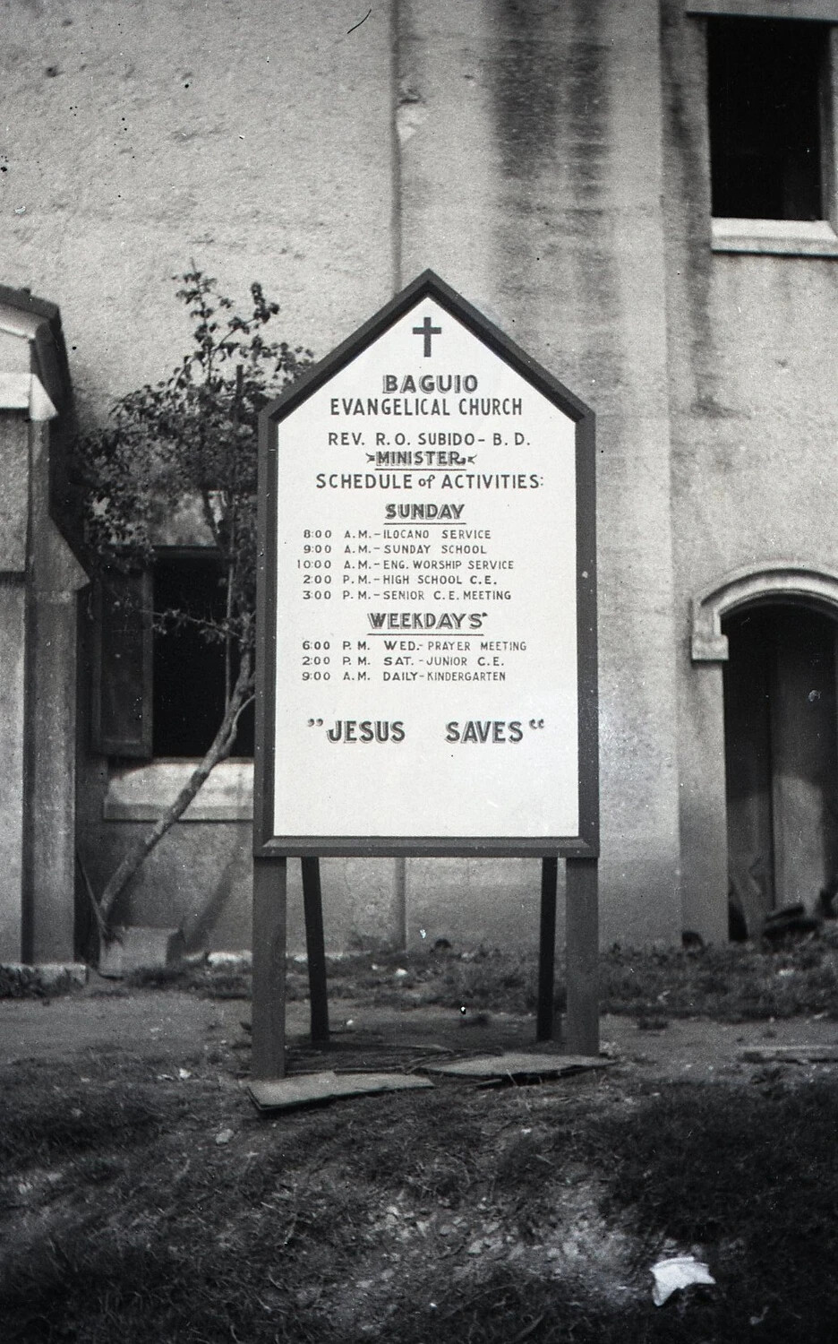 Baguio Evangelical Church Signboard in Front of War-Damaged Building, Luzon, Philippines, WWII
