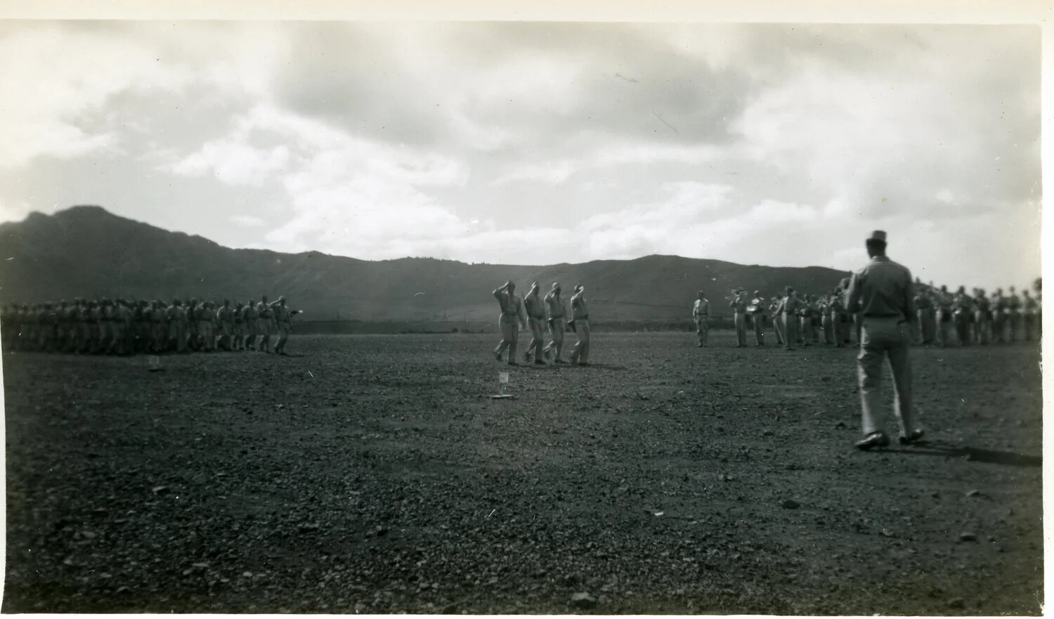 Parade Ground Review with Marching Troops and Band