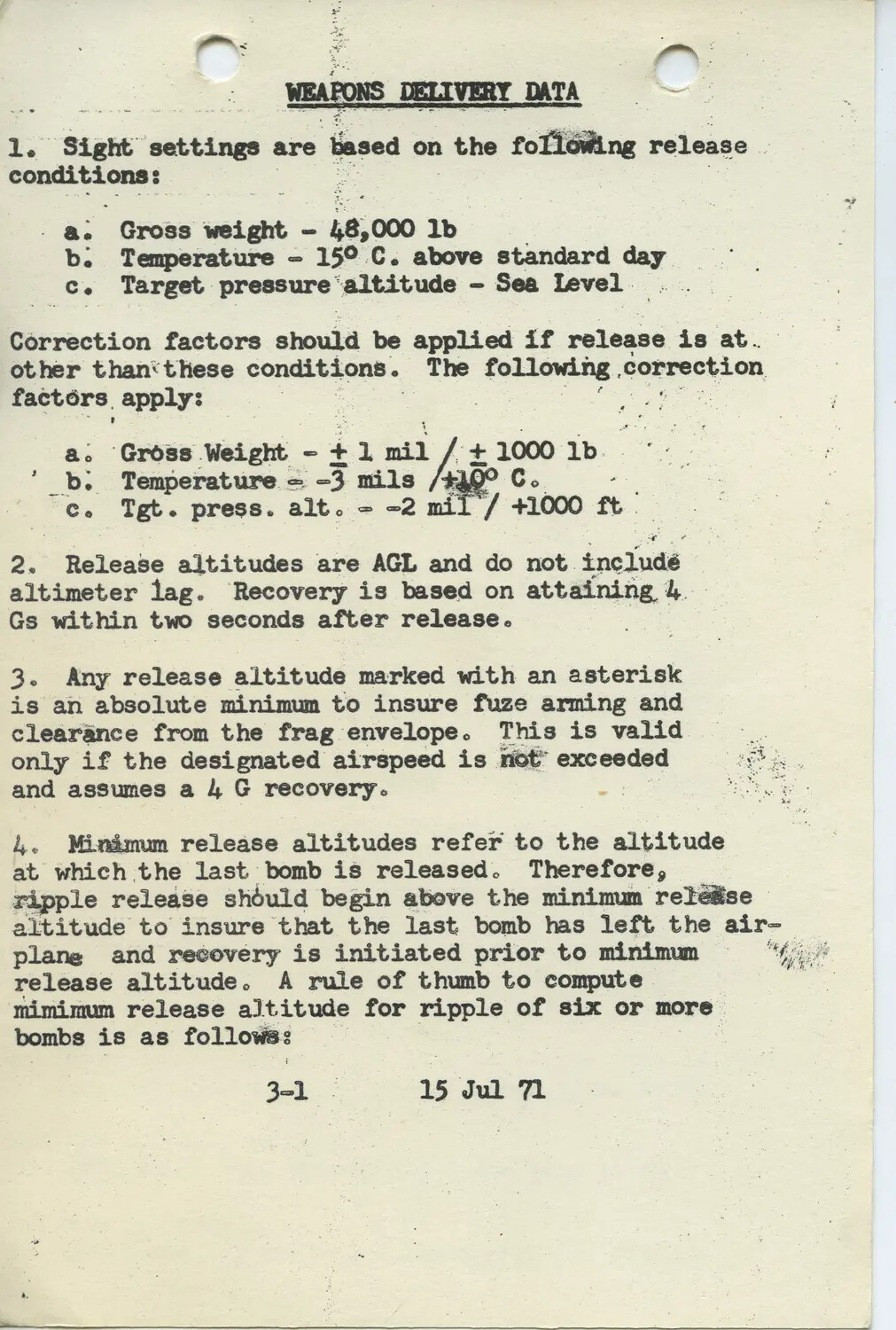 USAF Weapons Delivery Data Reference Page (Bombsight Settings and Corrections), dated 15 Jul 71