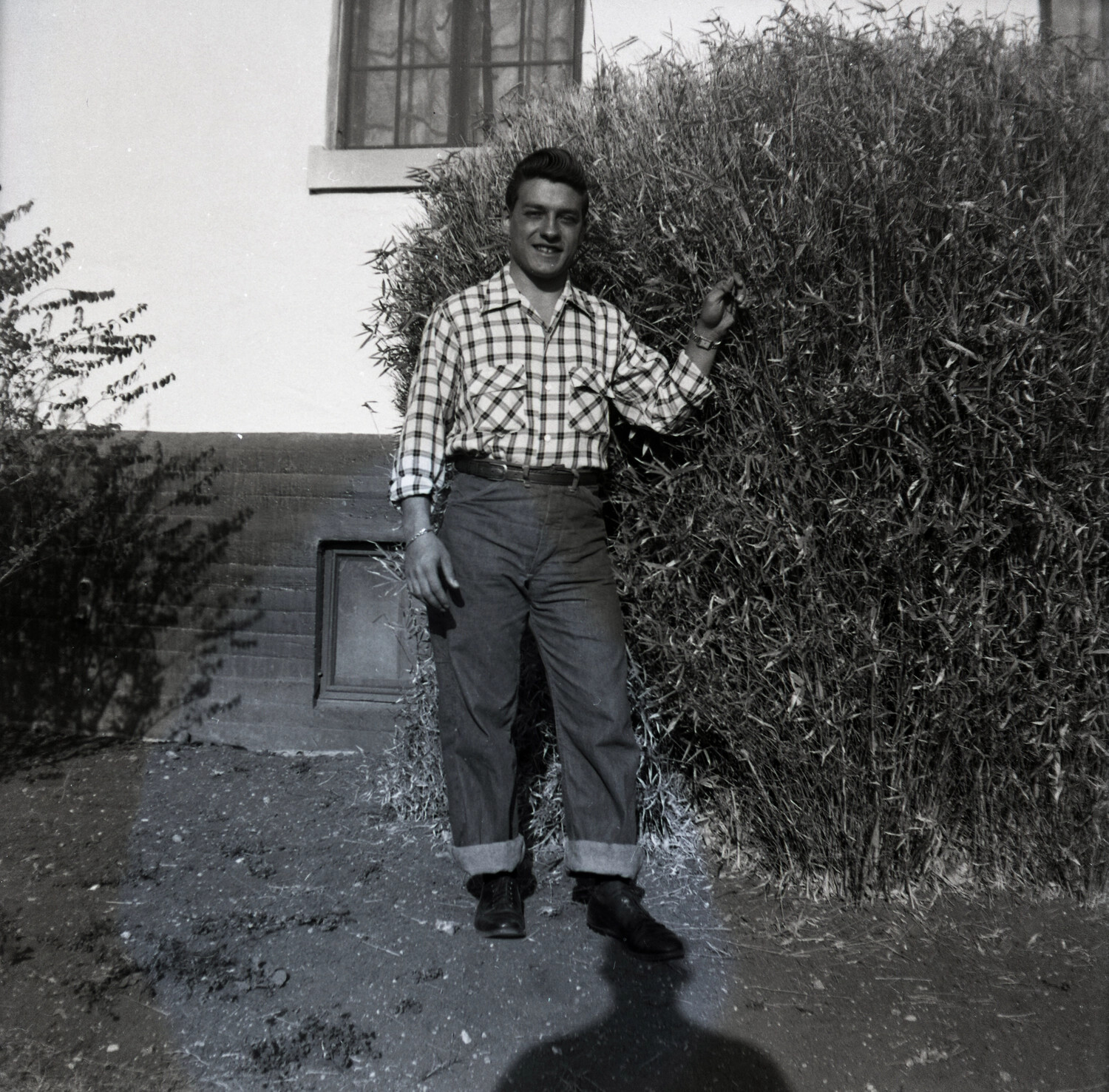 Young Man in Plaid Shirt Beside Dry Hedge and Stucco Building