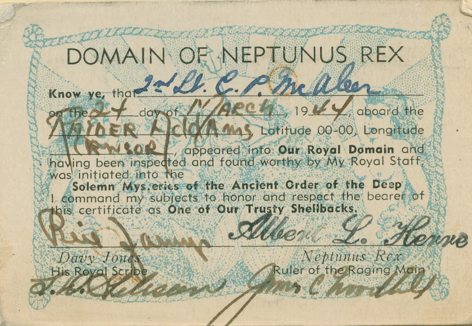 'Domain of Neptunus Rex' Equator-Crossing (Shellback) Certificate Awarded to 2nd Lt. C. P. McAleer, 24 March 1944