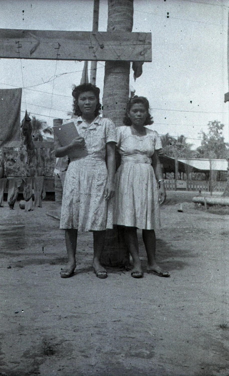 Two Filipina Women Beside a Palm Tree, Luzon, Philippines, WWII Era