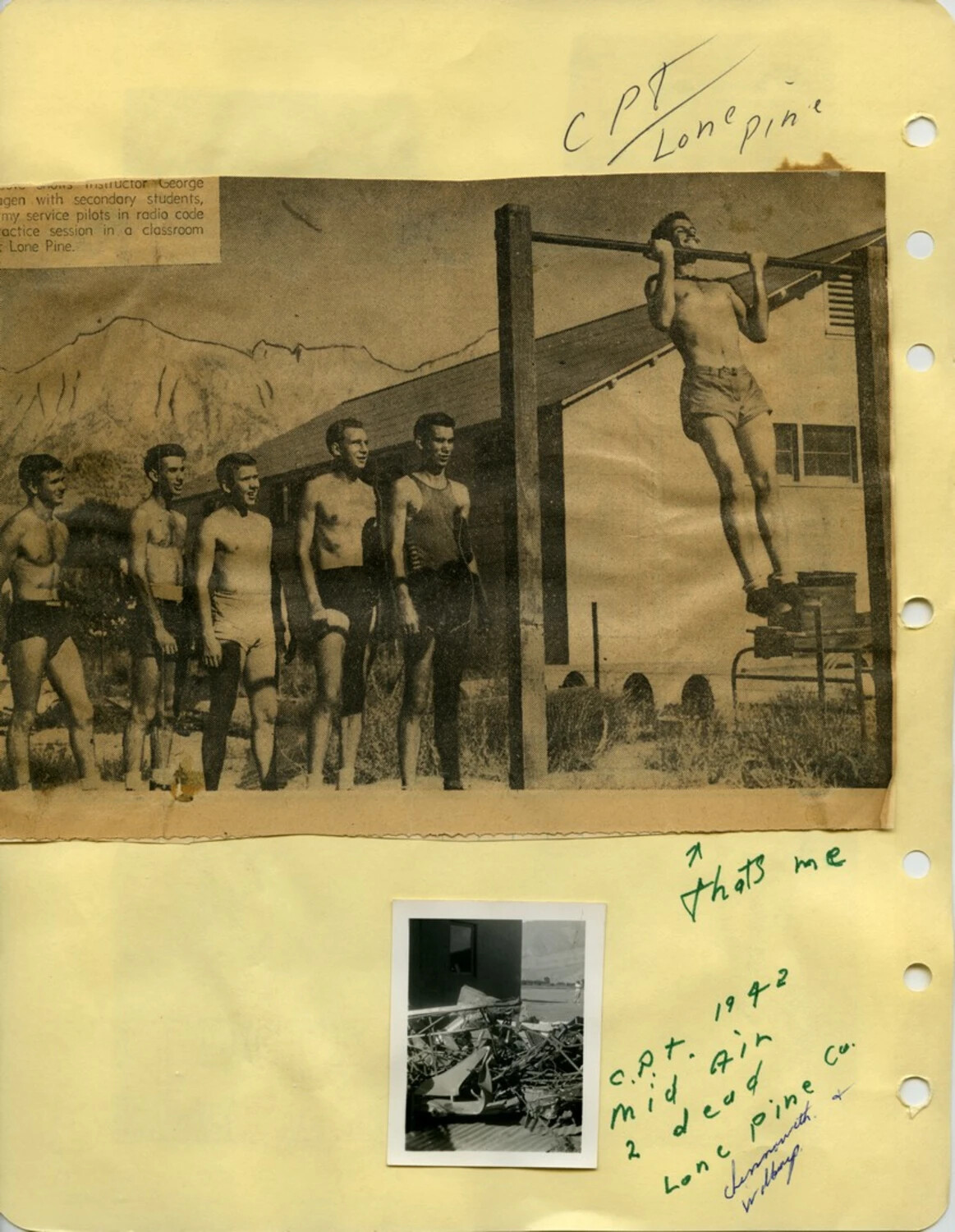 Civilian Pilot Training Program Scrapbook Page: Physical Training and Fatal Mid-Air Collision, Lone Pine, California, 1942