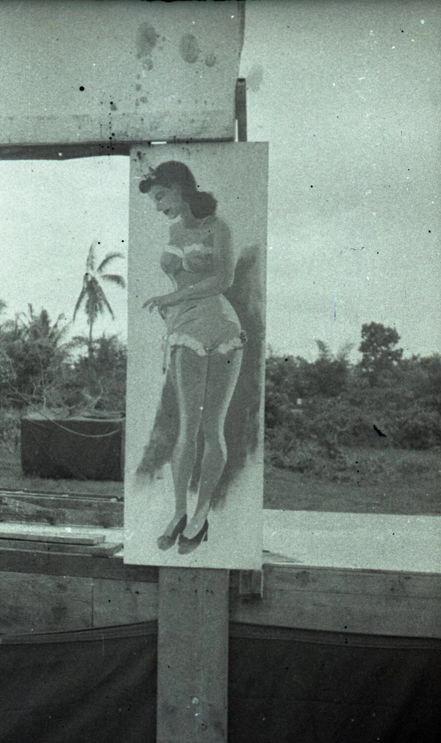 Hand-Painted Pin-Up Girl Artwork on Theater Support Post (Detail View), Luzon, Philippines, World War II